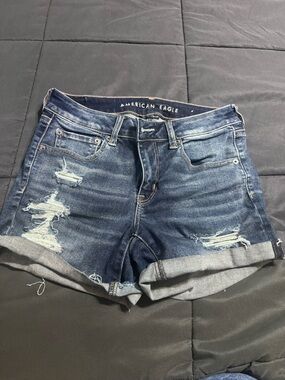 American Eagle Outfitters Distressed Rolled Hem Denim Shorts - Dark Blue